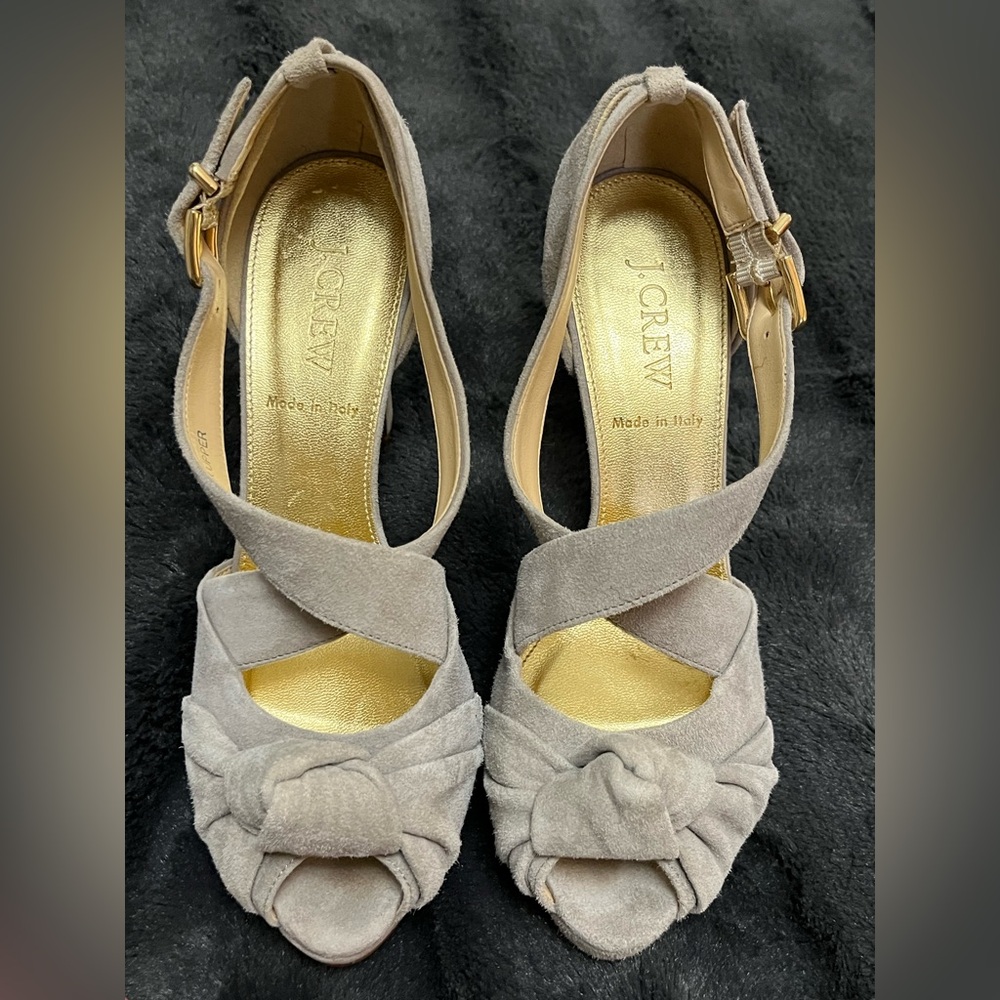 J. Crew Taupe Suede Knotted Peep-Toe Sandals with Gold Insole